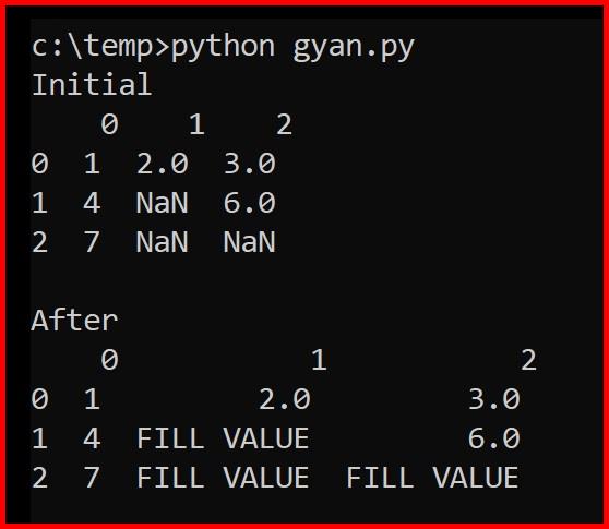 Picture showing the output of the fillna function in pandas